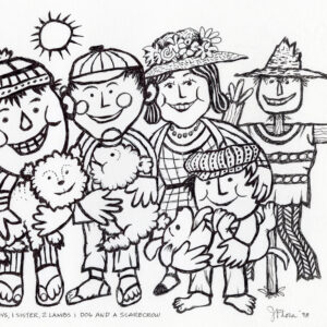 3 Boys, 1 Sister, 2 Lambs 1 Dog and a Scarecrow